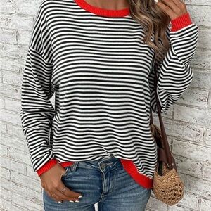 Emery Rose Striped Black & White Cozy Fall Sweatshirt w/ Red Accents Size M EUC